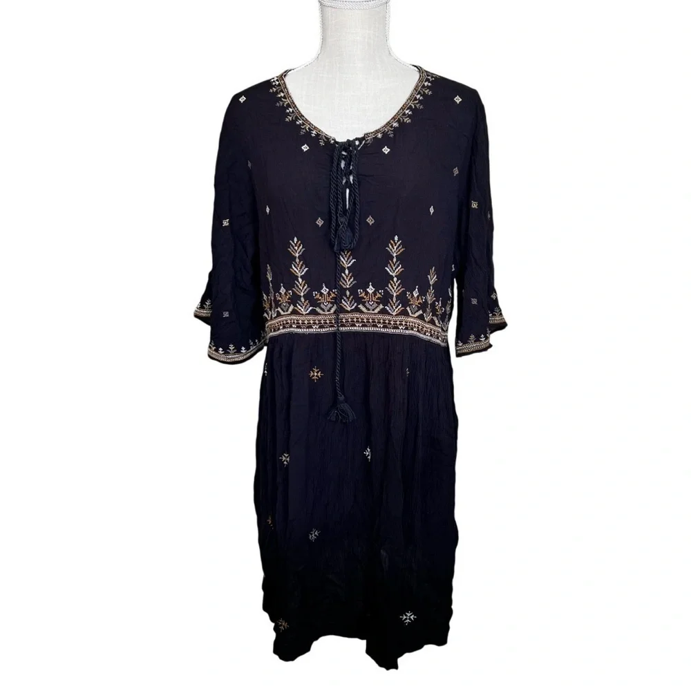 Free People Shyannez  Black Sheer Long Sleeve Western Mini Dress Size XL